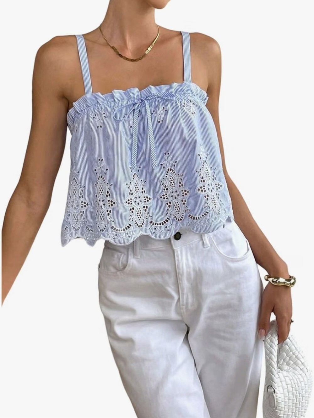 Striped Eyelet Scallop Hem Spaghetti Strap Top - Light Blue